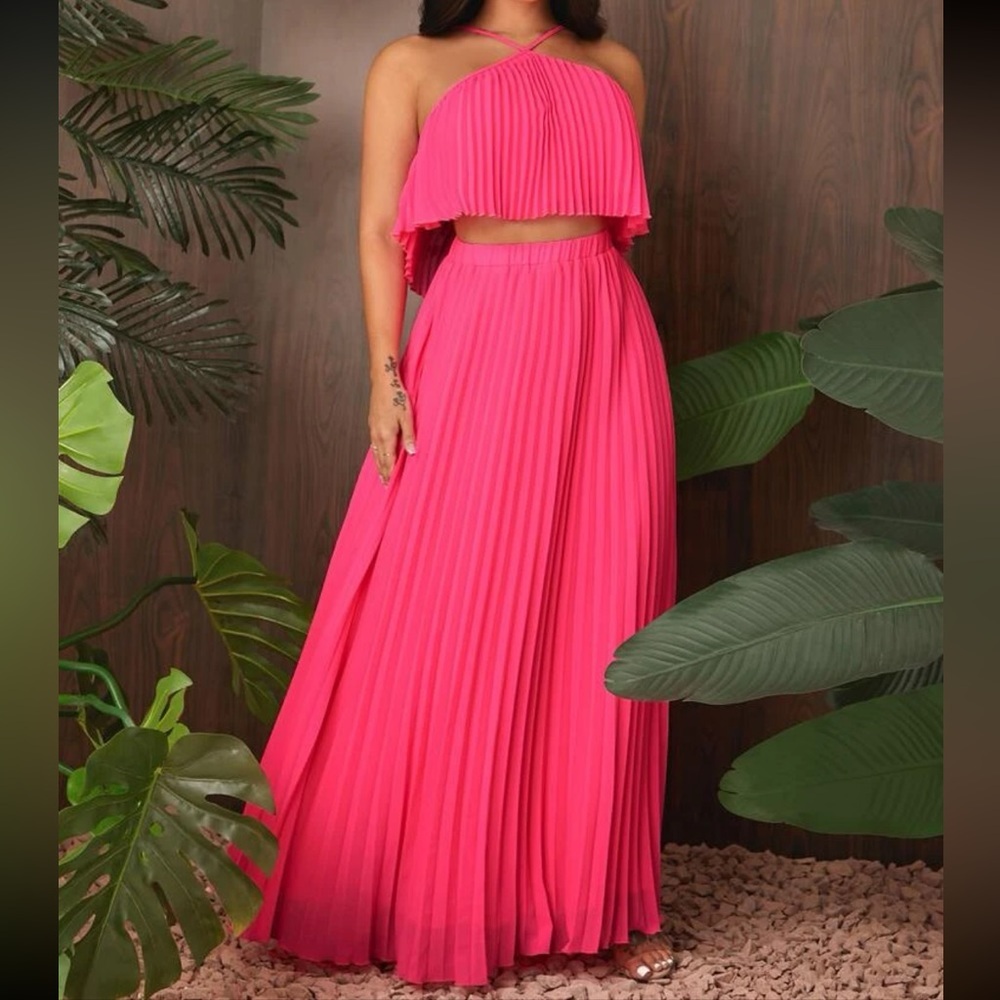 2pc Pleated Halter Top & Maxi Skirt coord Set